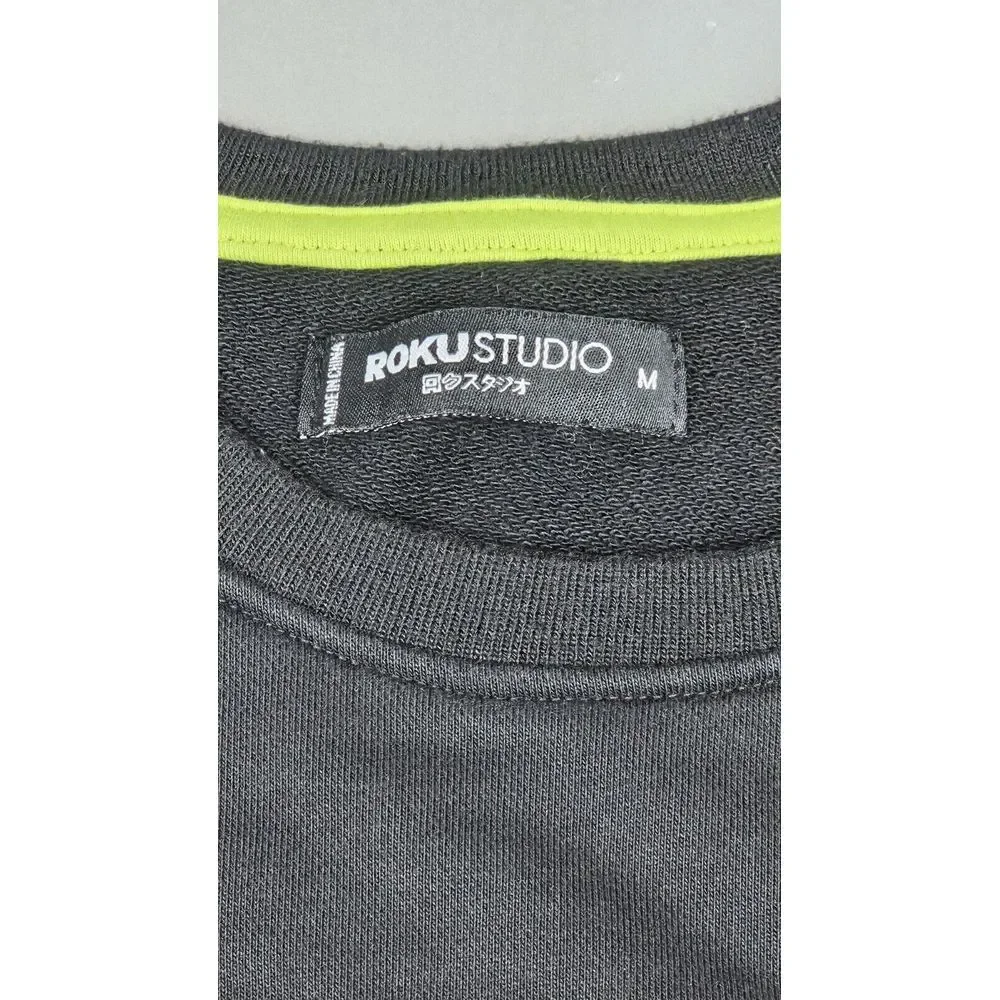 Roku Studio Sweater Mens Medium. Black Crewneck Longsleeve. Big Logo Zip Sleeve.